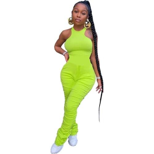 Summer Sexy Ruched Jumpsuit Tight Tank Pleated Stacked Leggings Romper Women Casual Overalls One Piece Long Bodycon Playsuit