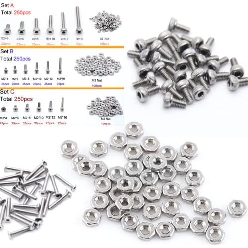 Mayitr 250pc/set M2 Cap/Button/Flat Head A2 Stainless Steel Hex Socket Screw Bolt Nut Assortment Kit