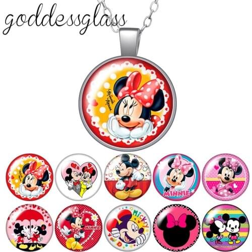 Cute Mickey Mouse Minnie mouse Kids Gift Round Glass glass cabochon silver plated/Crystal pendant necklace jewelry for Gift