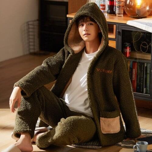 New Coral Fleece Pajamas Men Thick Flannel Warm Winter Hooded Leisurewear Suit