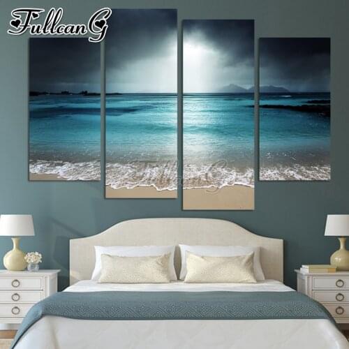 FULLCANG Calm sea landscape 4 piece diy diamond painting full square round drill 5d mosaic embroidery sale home decor FC2865