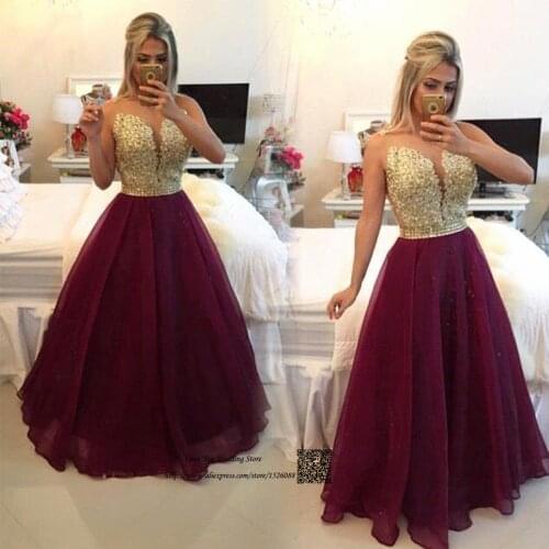 Robe de Soiree Courte 2017 Formal Long Evening Gowns Burgundy Organza Gold Lace African Prom Dresses Cheap Backless Beaded Noche