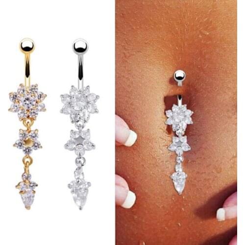 Sexy Rose Gold Belly Bars Belly Button Rings Belly Piercing CZ Crystal Flower Rhinestone Body Jewelry Navel Piercing Rings