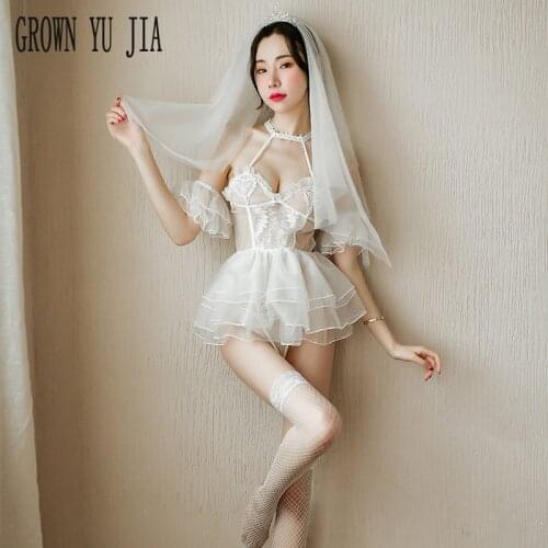 Sexy Women White Bride Wedding Dress Erotic Cosplay Costumes Lace Skirt Sex Lingerie Fishnet Stockings Set Porno Bride Uniforms
