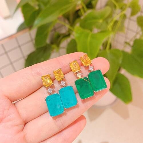 Megin D White Gold Yellow Crystal Stone Luxury Zircon Sqaure Paraiba Toumaline Stud Piercing Drop Earrings for Women Jewelry Boh