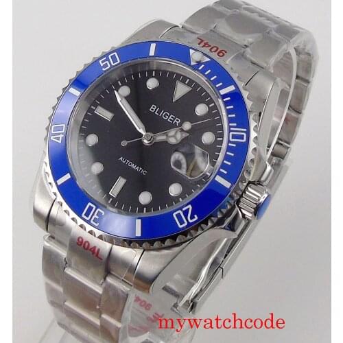Steel Bracelet 40mm Bliger Automatic Mens Watch Genuine NH35/Miyota 8215 Movement Black Dial Sapphire Glass Ceramic Bezel