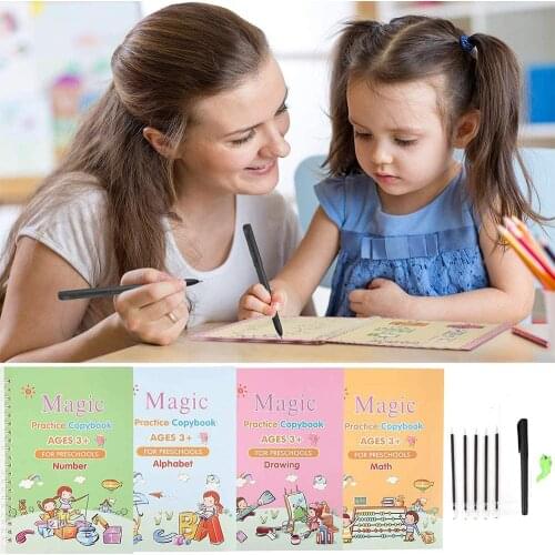4 Books/Sets of Childrens Copybook Reusable Handwriting Practice Learn English Magic Stationery Calligraphy Montessori Toys