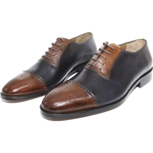 SHENBINS Spectator Oxford Shoes with Tobacco/Dark Blue Calf and Premium Leather Soles, Mens Handmade Fashion Footwear