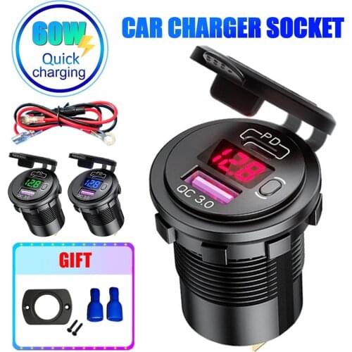 60W PD Type C/QC 3.0 USB Charger with button Switch LED Voltmeter Power Outlet Fast Charging for 12V 24V Car Truck Motorcycle RV