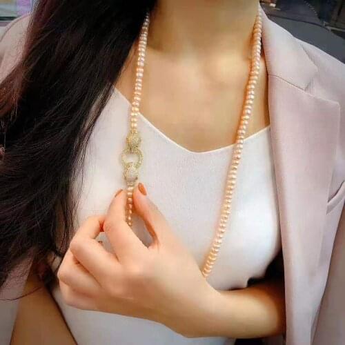 Womens jewelry 7-8mm 90cm micro inlaid zircon accessories pink purple freshwater pearl necklace