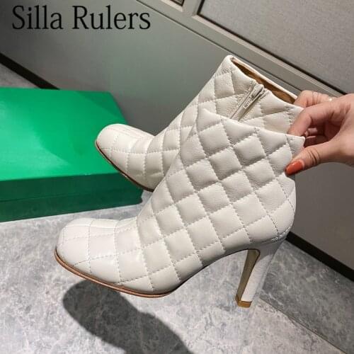 New Square Toe Rhombus Ankle Boots Women Genuine Leather High Heels Chelsea Boots Woman Runway Designer Mid-calf Boots Woman