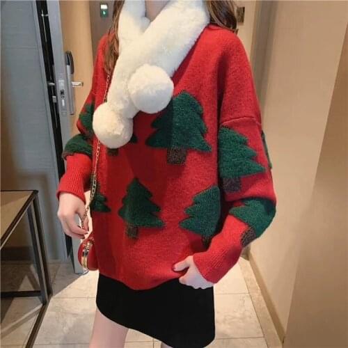 Woman sweaters Winter sweater loose and thick Christmas tree Pullover round neck long sleeve christmas clothes