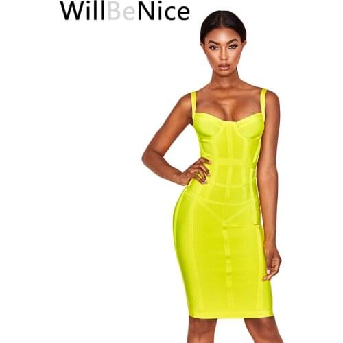 WillBeNice Bandage Dresses Bodycon Vestidos 2019 New Women Striped Neon Yellow Bandage Dress Rayon Sexy Party Summer Dress