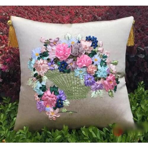 1pcs 40x40cm flower basket Ribbon embroidery kit pillow cushion cover car sofa handcraft DIY handmade needlework art home decor