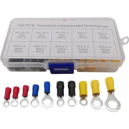 102Pcs/Box RV Ring Terminals Electrical Crimp Wire Cable Connector Circular Insulated Cold Pressed Terminal Assortment Kit
