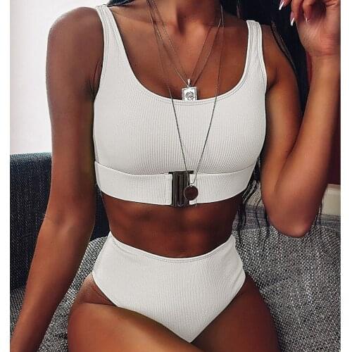 Sexy White Bandeau Buckle Bikini Mujer Swimsuit High Waist Push Up Bikini Set Swimwear Women Bathing Suit Beachwear Biquini