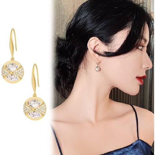 1Pair Big Round Zircon Pendant Earrings Shiny Charms Simple Alloy Crystal Fashion Generous Earrings Jewelry Gift for Girlfriend