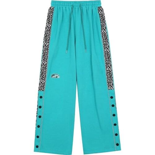 Leopard Splicing Baggy Straight Trousers Mens High Street Sweatpants Split Contrast Color Stitching Trendy Trousers