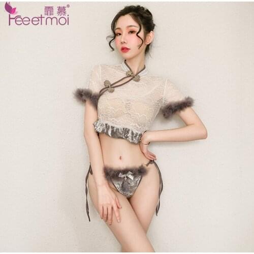 FM Sexy Lingerie sexy passion super show perspective lace temptation cheongsam suit