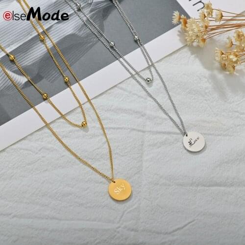ELSEMODE Custom Round Circle Double Chain Necklace Stainless Steel Personalized Name Clavicle Necklace Women Men Jewelry Gift