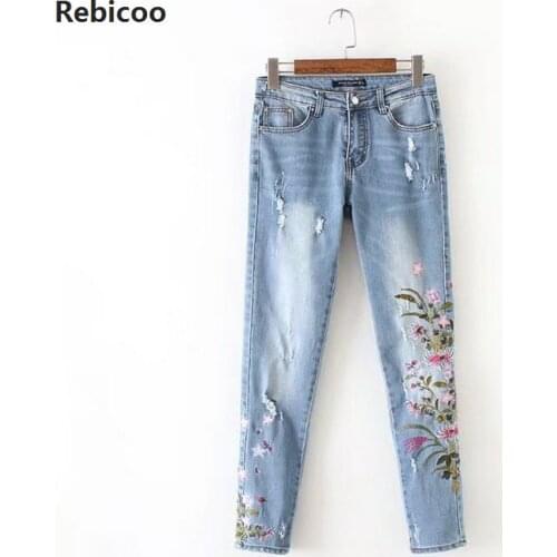 Lace Flower Pants Skinny Denim Jeans Woman Pencil Pants Diamond Beading Patchwork Trousers For Women