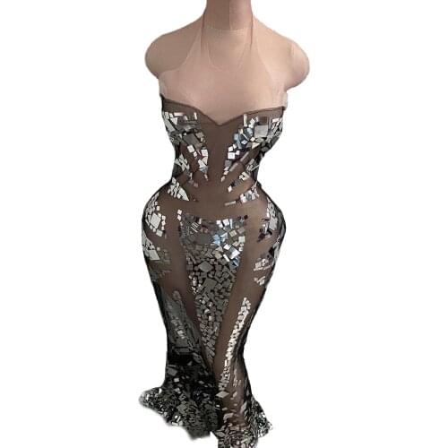 Summer Nightclub Mesh See Through Long Dress Women Sexy Club Sequin Voile Tail Dress Prom Birthday Celebrate Party Dresses