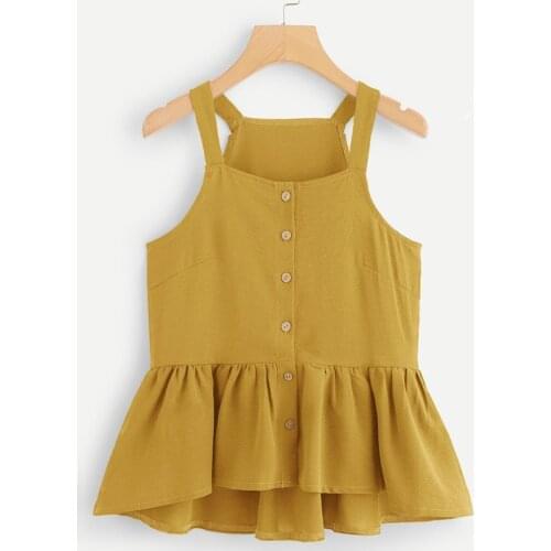 Fashion WomenS Tank Top Dew Shoulder Button Camis Sleeveless Summer Tops Single Breasted Ruffle Hem Camisole Woman Streetwear