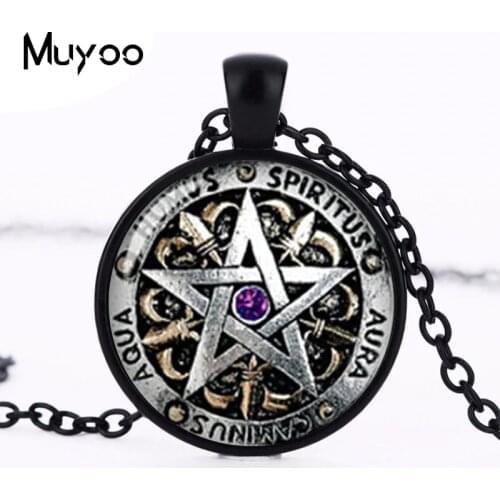 Steampunk Fashion Wiccan Necklace black magick Pagan Pentagram pendant Round Glass Dome Gift Women Men Chain antique HZ1