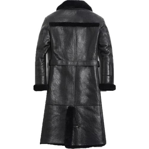 Men Black Sheepskin Shearling Jacket Military Long Style Coat