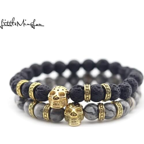 Little MingLou Stainless Steel Skull Skeleton charms bracelets set natural stone beads men Bracelet & bangles for men jewelry