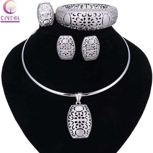 Nigerian Wedding African Beads Jewelry Sets Silver Color Women Necklaces Party Fashion Flowers Hollow Jewellery Accessories