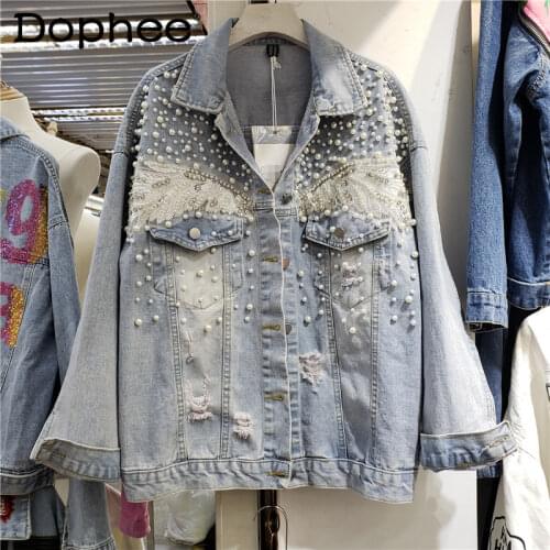 2021 Spring New Exquisite Rhinestone Beaded Pearl Jean Jacket Women Denim Jackets Oversized Loose Casual Coats Femme Top Fashion