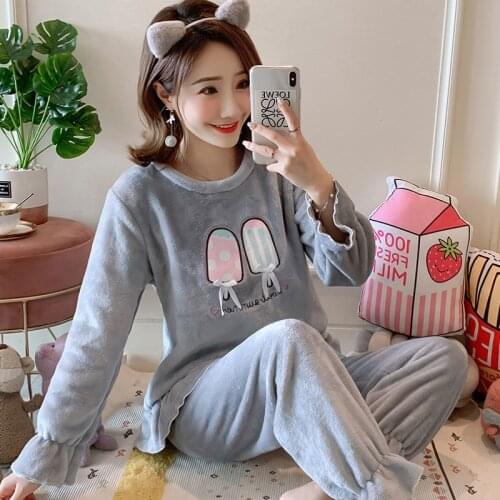 New Women Pajamas Sets Winter Long Sleeve Cartoon Cute Sleepwear Girl Pijamas Mujer Coral Velvet Nightgown Adult Sleep Clothes