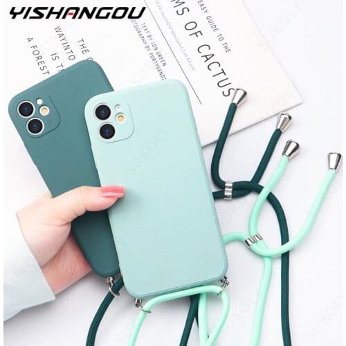 New Silicone Lanyard Soft Case Cover For iPhone 12 Pro Max 11 Pro XS XR X 12 Mini 7 8 Plus 6 6s Plus Square Lens Protect Cover