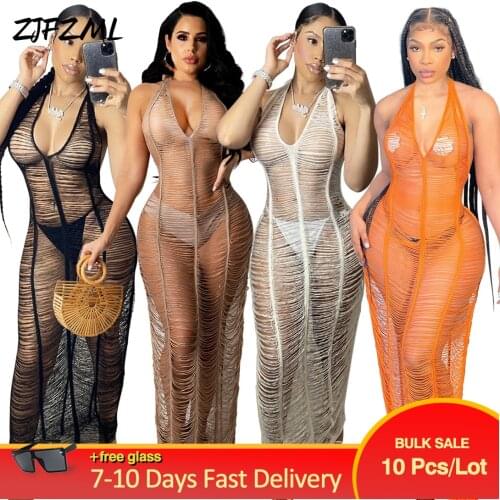 Bulk Items Wholesale Lots Women Summer Holiday Sundress Female Beach Dress Lady Bohemian Sexy Solid See Through Backless Robe