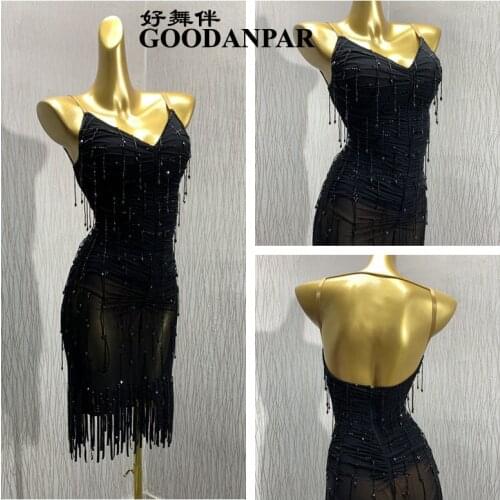 Latin dance dress pleats Black latin dress sheer Latin dance costume big open back beads tube sleeveless with bracelets mesh