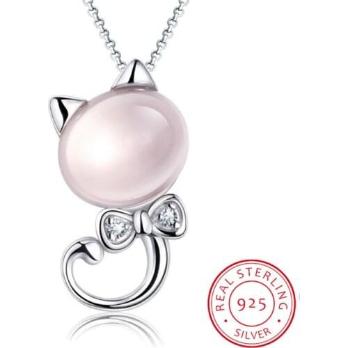 PRC6 925 Sterling Silver Pink Moon Light Stone Cat Pendant Necklaces For Women Gift 45cm Link Chain collares kolye