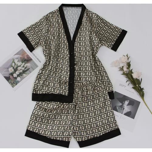 QWEEK Luxury Womens Pajamas Set Style Fashion Cross Letter Print Sleepwear Satin Leisure Home Clothes Nightwear 2021 Spring