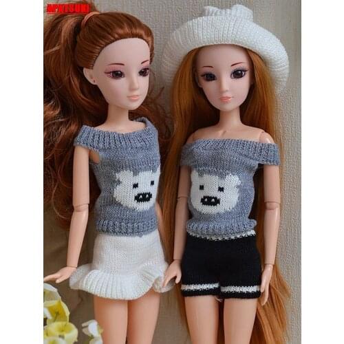 Grey Cute Bear Causal Off Shoulder Short Skirts Tops Knitted Sweater Clothes For Barbie Doll Outfits Clothes for 1:6 Doll House