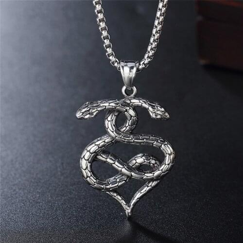 Vintage Stainless Steel Snake Pendant Necklace Men Punk Hip Hop Biker Double Snake Surround Animal Snake Necklace Chain Jewelry