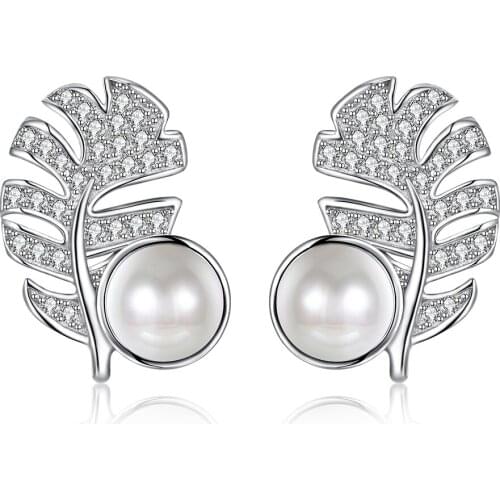 ZEMIOR Pearl Earrings For Women Sterling Silver 925 Leaves Stud Earrings Romantic Anniversary Gift For Girlfriend Hot Sale