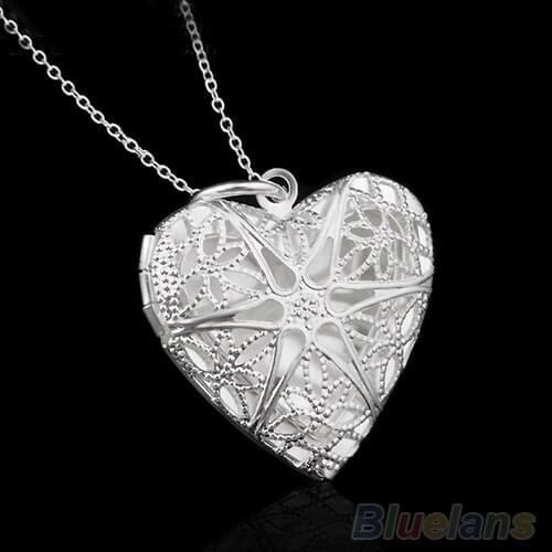Womens Fashion Silver Plated Hollow Out Heart Photo Locket Pendant Necklace 2INP