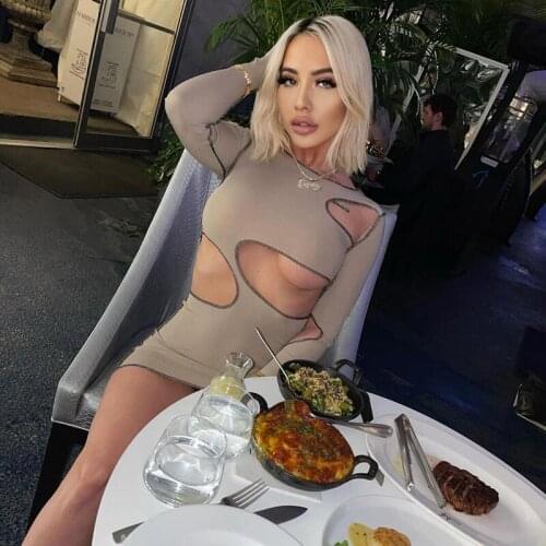 AIIOU Summer Solid Fashion Knitting Dress Women Sexy Hollow Out Y2K Bodycon Long Sleeve Rib Knitting Mini Dress Party Clubwear