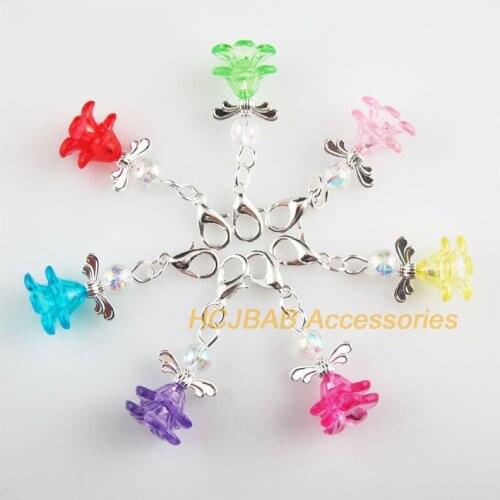 14 New Tiny 14x24mm Angel Charms Mixed Flower Acrylic Silver Plated Retro With Lobster Claw Clasps