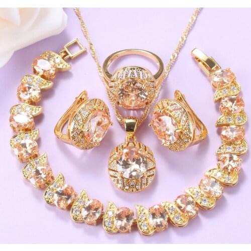 2020 Best Selling Champagne Cubic Zirconia Dubai Jewelry Sets Gold Color Wedding Costume Charm Bracelet Pendant Necklace Ring