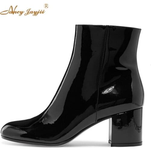 Margaux 65 Patent-Leather Ankle Boots Zipper Side Women Shoe Round Toe Square Heel 2.5 Inches Dress Autumn 2021 Leather/Flock