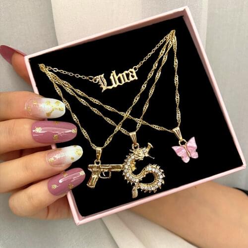 Caraquet Trendy New libra letter Pistol Dragon Butterfly Pendant Necklace for Women Gold Color Multilayer Metal Necklace Jewelry