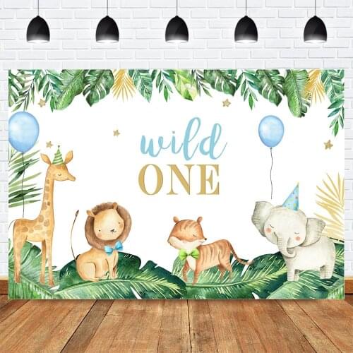 Wild One Cartoon Animal Birthday Photography Backdrop Jungle Boy or Girl 1st Birthday Background Balloons Green Screen Leaves