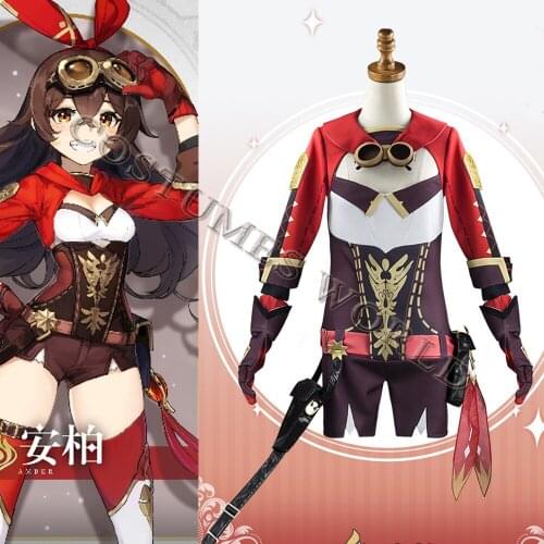 Game Genshin Impact Amber Cosplay Costume Amber Cosplay Costume Women Red Comtume Halloween Party Wigs Top Pant Uniform Full Set