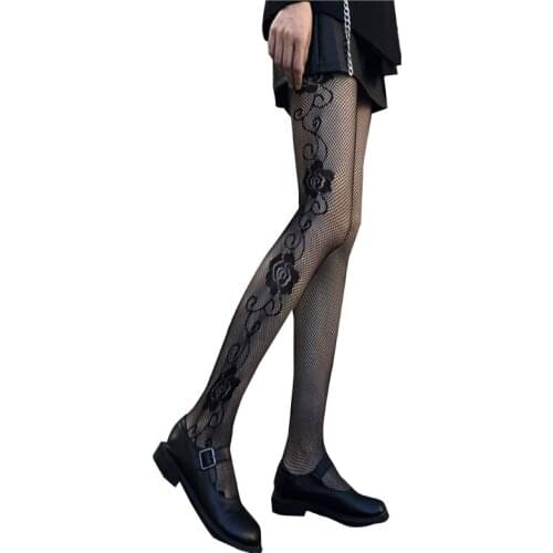 Women Gothic Punk High Waist Tights Heart Rose Spiderweb Patterned Pantyhose Sheer Mesh Fishnet Jacquard Hollow Out Hosiery Y1AC